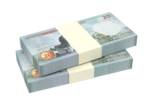 Jordan dinars bills isolated on white background. Computer generated 3D photo rendering.