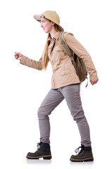Woman wearing safari hat on white