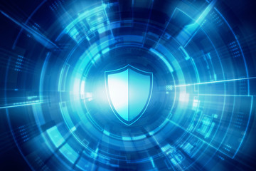 Protection concept: pixelated Shield icon on digital background