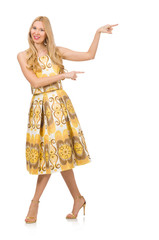 Fototapeta premium Pretty girl in yellow floral dress isolated on white