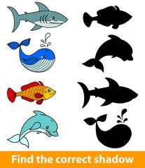 Game for children: find the correct shadow (shark, dolphin, fish, whale). Vector illustration