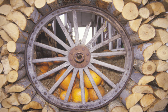 Old Wagon Wheel, Firewood and Pumpkins, Vermont