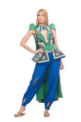 Woman in oriental green clothing isolated on white