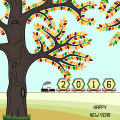New year 2016 billboard on train in fall - New year 2016 billboard in a retro freight train on countryside with happy new year message. Fall season is portrayed. Can signify end of year 2016 also.