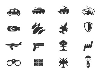 100 war icons, black on square white background