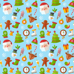 Christmas seamless pattern with flat Santa, deer, gingerbread co