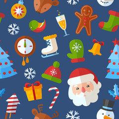 Christmas seamless pattern with flat Santa, deer, gingerbread co