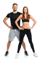 Fototapeta na wymiar Athletic man and woman after fitness exercise on the white