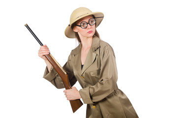 Woman wearing safari hat on white