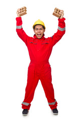 Construction worker with clay bricks on white