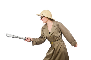 Woman wearing safari hat on white