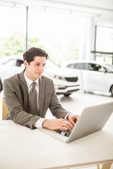 Smiling salesman behind his desk