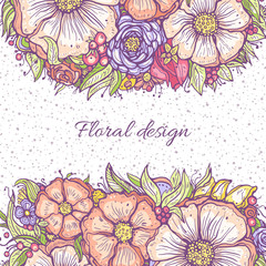 colorful floral frame, graphic bouquet, flowers, floral pattern outline, vector illustration
