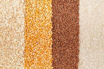Four types of cereals closeup