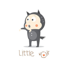 Children's card with cartoon   baby  in a suit. Vector image.  Little wolf.