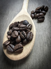 Fine roasted coffee beans on wooden spoon