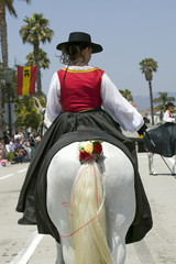 Back of decorated horse riding in opening day parade down State Street, Santa Barbara, CA, Old Spanish Days Fiesta, August 3-7, 2006