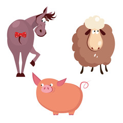 Donkey, Pig and Sheep. Farm Animals Vector 