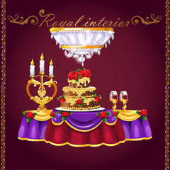 Table with two glasses of wine, cake and candles