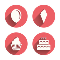 Birthday party icons. Cake with ice cream symbol