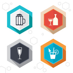 Alcoholic drinks signs. Champagne, beer icons.