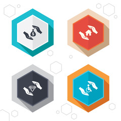 Hands insurance icons. Money savings sign.