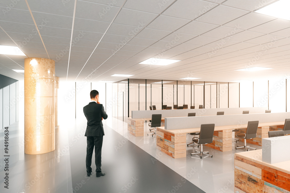 Sticker businessman in modern open space office with furniture