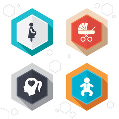 Maternity icons. Baby infant, pregnancy, buggy.