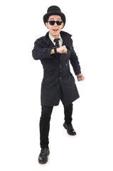 Young detective in black coat isolated on white