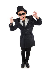 Young detective in black coat isolated on white
