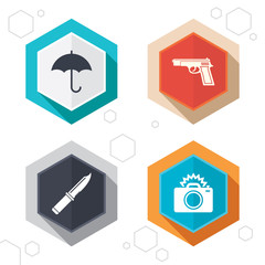 Gun weapon. Knife, umbrella and photo camera.