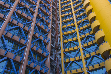 Yellow , Blue , Red Building