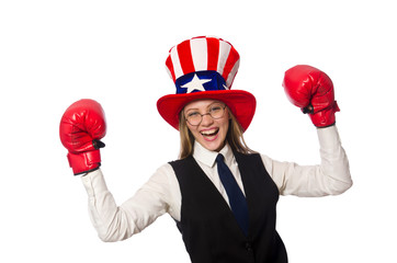 Woman with boxing gloves isolated on white