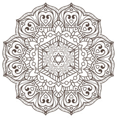 Ethnic Fractal Mandala Vector Meditation looks like Snowflake or Maya Aztec Pattern or Flower Isolated on White