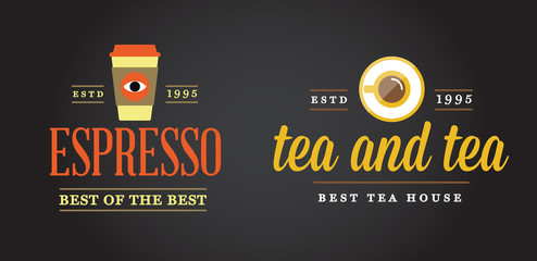 Set of Vector Coffee Logotype Templates and Coffee Accessories Illustration with Incorporated Icons with Fictitious Names