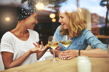 Two attractive women enjoying a glass of wine