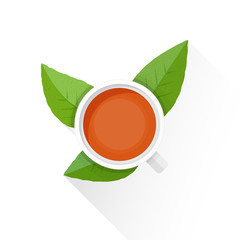 vector flat tea cup green leafs illustration icon.