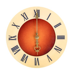 Clock face with roman numerals on white showing six o'clock