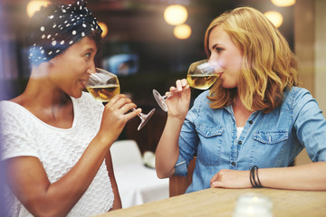 Two attractive women meeting up for wine