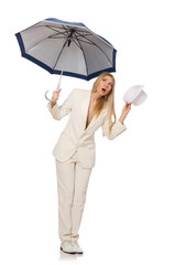 Woman with umbrella isolated on white