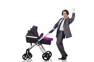 Funny dad with baby and pram on white