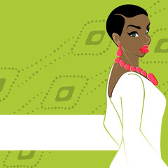 green and white banner with dark-skinned woman