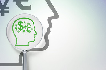 Advertising concept:  Head With Finance Symbol with optical glass on digital background