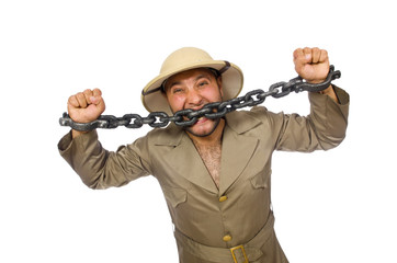 Man with chain isolated on white