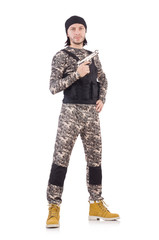 Caucasian soldier with handgun isolated on white