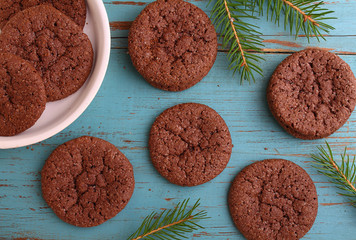 chocolate chip cookies, fir branch