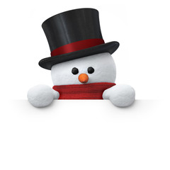 Snowman with top hat holding blank board from above