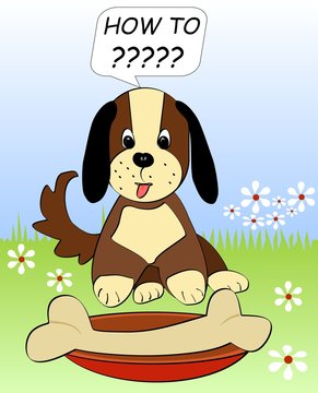 Little puppy on meadow sitting helplessly over the huge bones on red plate. Beautiful animal cartoon in eps10 vector.