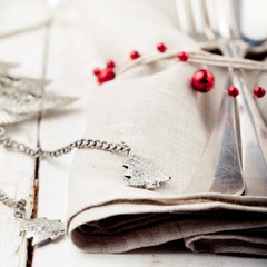 Christmas and New year table place setting with decorations. 