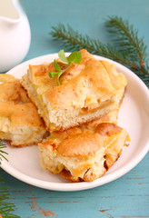 homemade apple pie (charlotte) on a blue wooden background spruce branches